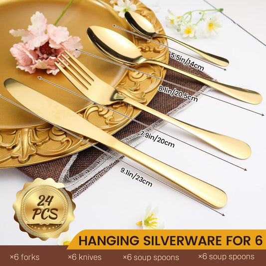 24-Piece Stainless Steel Flatware Set for 6 with Hanging Rack Caddy | Gold & Silverware Cutlery Set