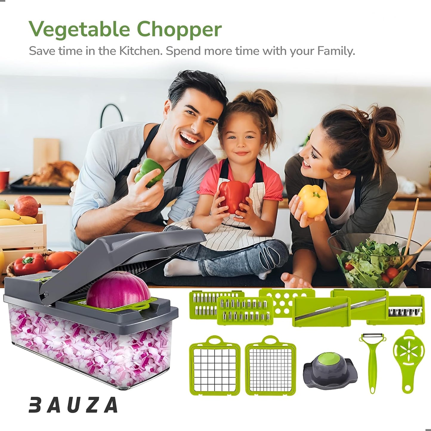 Professional Vegetable Chopper, Slicer & Spiralizer - 14-Piece Multifunctional Kitchen Food Cutter for Onion, Salad, Fruits | Easy Handheld Mandoline Slicer (Gray)