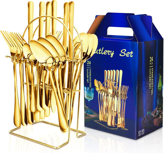 24-Piece Stainless Steel Flatware Set for 6 with Hanging Rack Caddy | Gold & Silverware Cutlery Set