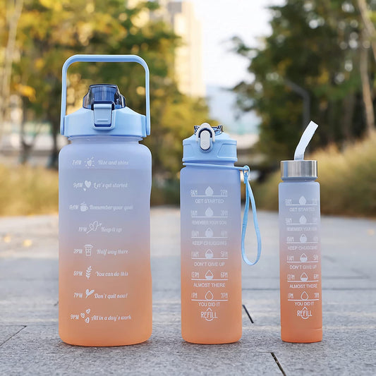 (3 Pcs Set) 2 Liter Motivational Water Bottle with Time Marker & Straw | BPA-Free | 2000ml Fitness Jug with Handle & Stickers