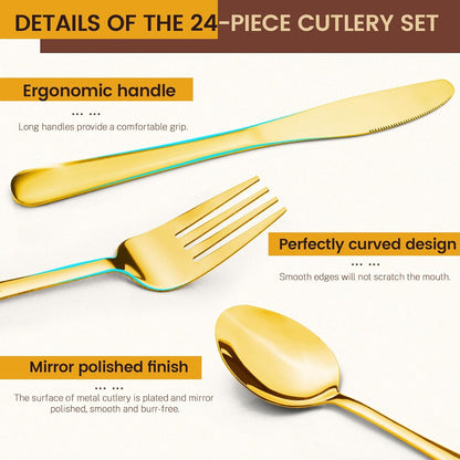 24-Piece Stainless Steel Flatware Set for 6 with Hanging Rack Caddy | Gold & Silverware Cutlery Set