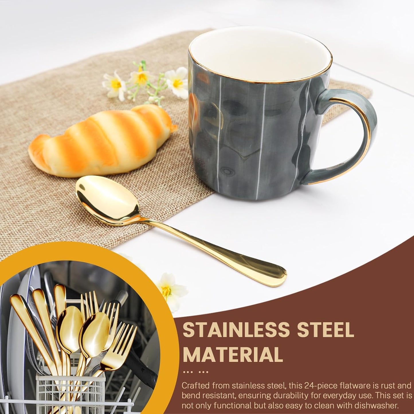 24-Piece Stainless Steel Flatware Set for 6 with Hanging Rack Caddy | Gold & Silverware Cutlery Set