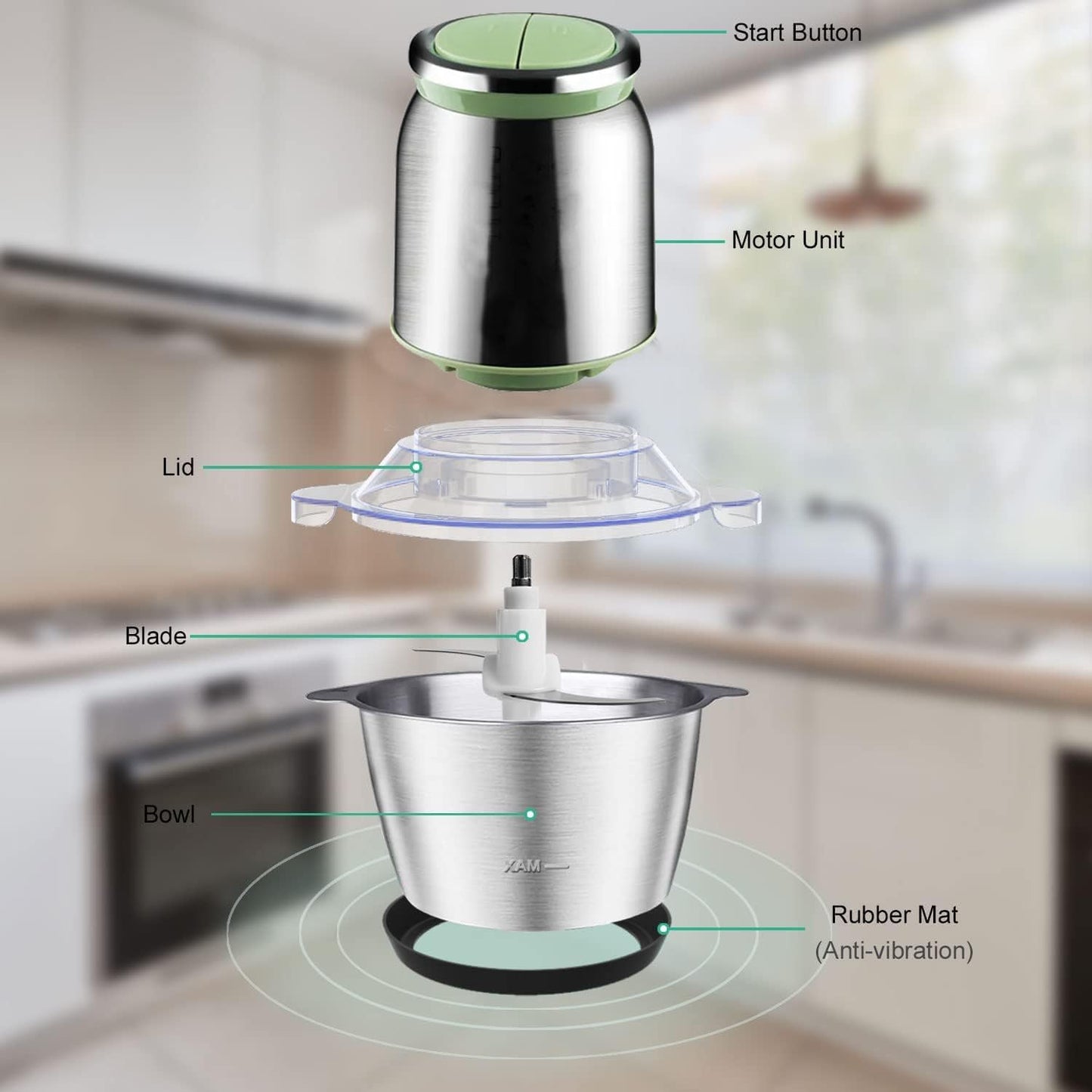 Vinskep 2L Electric Food Chopper & Meat Grinder - 220W Powerful Motor, 2 Speeds, Stainless Steel Bowl - For Mincing Meat, Chopping Vegetables, Onions, Nuts & More