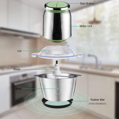 Vinskep 2L Electric Food Chopper & Meat Grinder - 220W Powerful Motor, 2 Speeds, Stainless Steel Bowl - For Mincing Meat, Chopping Vegetables, Onions, Nuts & More