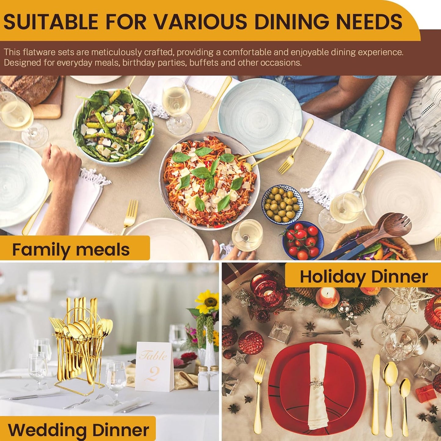 24-Piece Stainless Steel Flatware Set for 6 with Hanging Rack Caddy | Gold & Silverware Cutlery Set