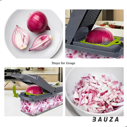 Professional Vegetable Chopper, Slicer & Spiralizer - 14-Piece Multifunctional Kitchen Food Cutter for Onion, Salad, Fruits | Easy Handheld Mandoline Slicer (Gray)