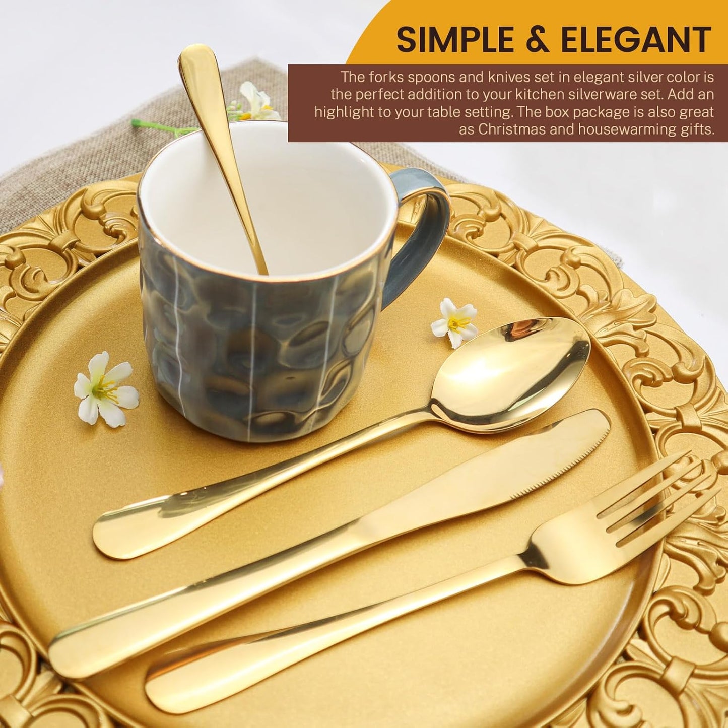 24-Piece Stainless Steel Flatware Set for 6 with Hanging Rack Caddy | Gold & Silverware Cutlery Set